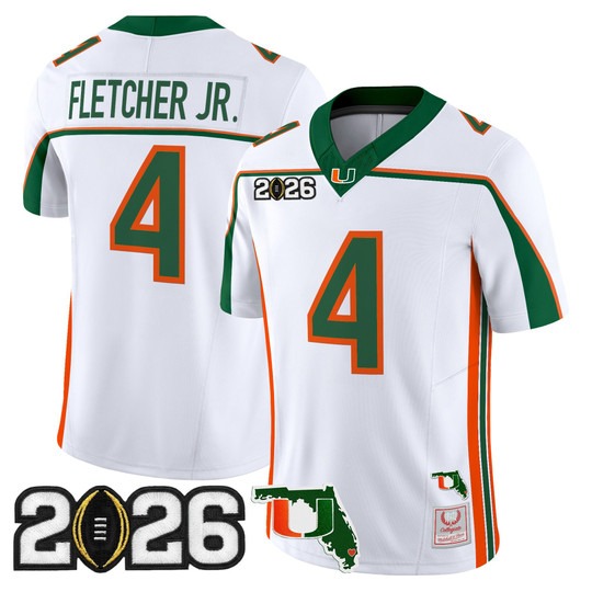 Men's Miami Hurricanes #4 Mark Fletcher Jr. White Throwback 2026 CFP Final & Florida Patch F.U.S.E. Vapor Limited Stitched Jersey