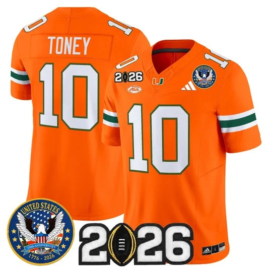 Men's Miami Hurricanes #10 Malachi Toney Orange United States 250th Anniversary & 2026 CFP Final Patch F.U.S.E. Vapor Limited Stitched Jersey