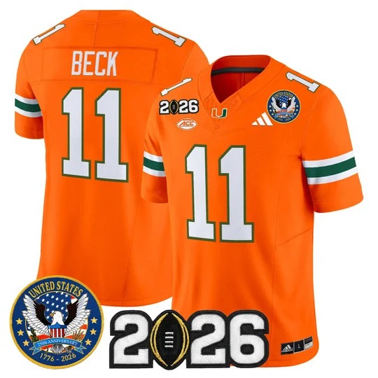 Men's Miami Hurricanes #11 Carson Beck Orange United States 250th Anniversary & 2026 CFP Final Patch F.U.S.E. Vapor Limited Stitched Jersey