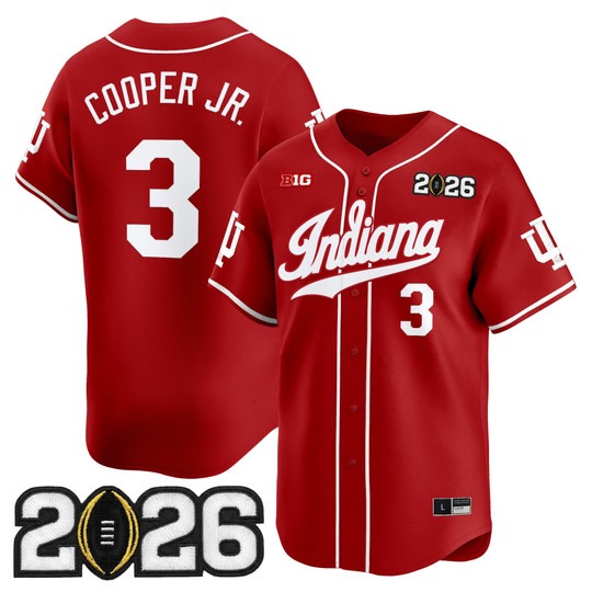 Men's Indiana Hoosiers Baseball #3 Omar Cooper Jr. Crimson 2026 CFP Final Patch Limited Stitched Jersey