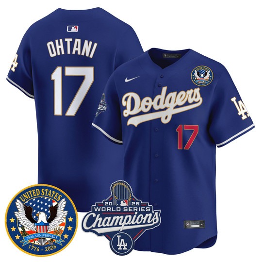 Men's Los Angeles Dodgers #17 Shohei Ohtani Royal 2025 World Series Champions & America 250th Patch Gold Trim Limited Stitched Jersey