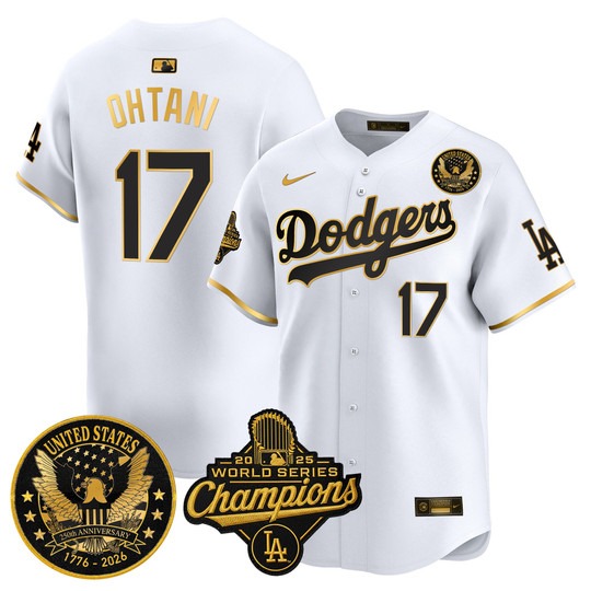 Men's Los Angeles Dodgers #17 Shohei Ohtani White Gold 2025 World Series Champions & America 250th Patch Gold Trim Limited Stitched Jersey