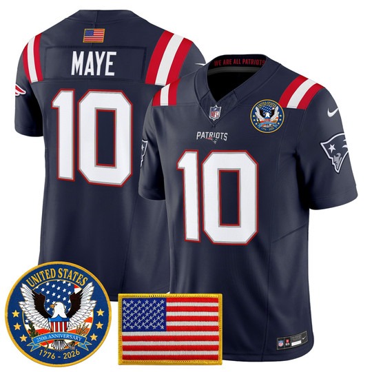 Men's New England Patriots #10 Drake Maye Navy United States 250th Anniversary Patch F.U.S.E. Vapor Limited Stitched Jersey