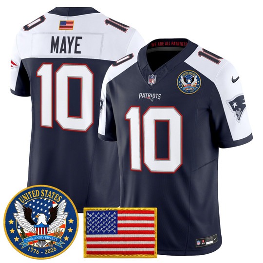 Men's New England Patriots #10 Drake Maye Navy Alternate United States 250th Anniversary Patch F.U.S.E. Vapor Limited Stitched Jersey