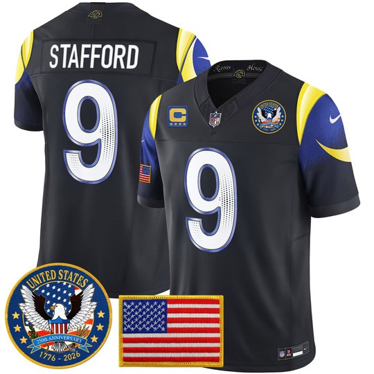 Men's Los Angeles Rams #9 Matthew Stafford Navy Rivalries 2026 United States 250th Anniversary Patch F.U.S.E. Vapor Limited Stitched Jersey