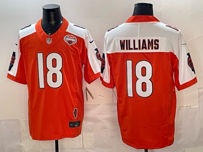 Men's Chicago Bears #18 Caleb Williams Orange White F.U.S.E. 2025 NFC North Champions & Illinois Patch Vapor Limited Stitched Jersey