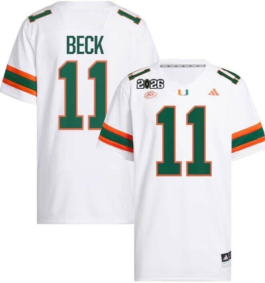 Men's Miami Hurricanes #11 Carson Beck White 2026 2026 CFP Final Patch Stitched Football Jersey