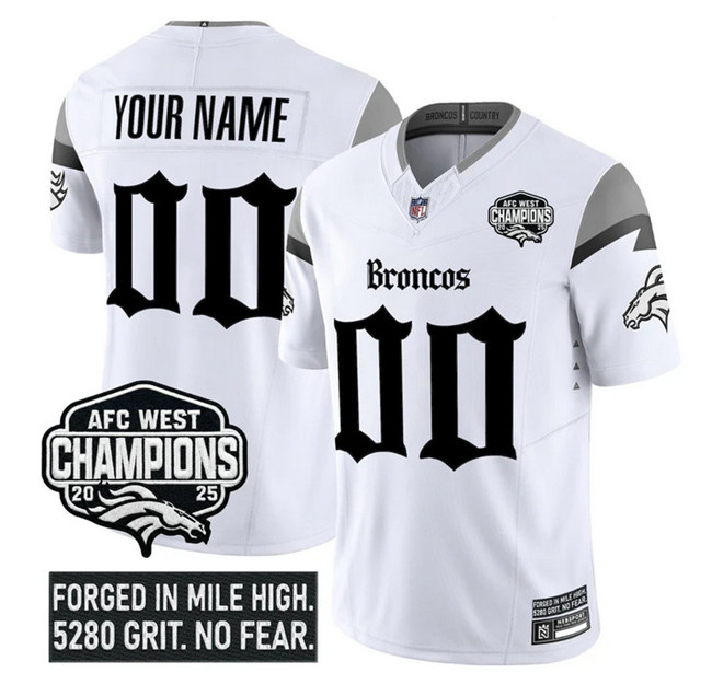 Denver Broncos Custom White F.U.S.E 2025 Afc West Champions Patch ‘Gothic Mile High Shadows Edition’ Vapor Limited Stitched Football Jersey