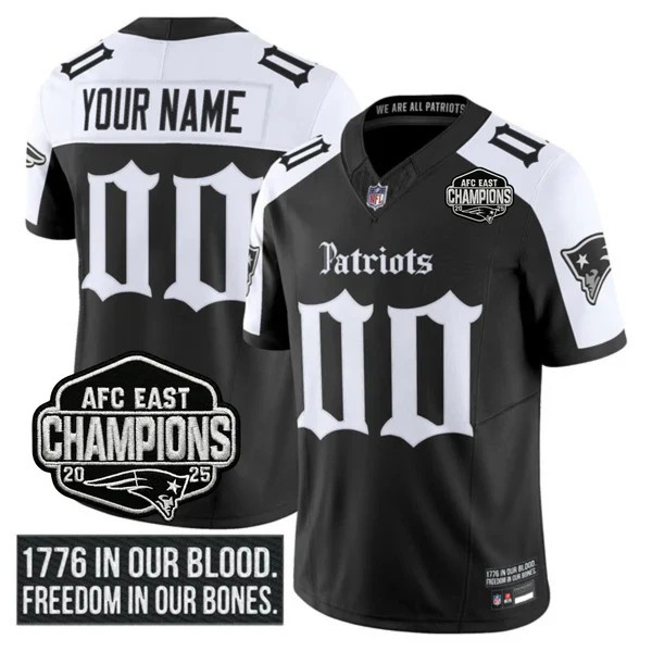 New England Patriots Custom Black White F.U.S.E. Gothic Revolution Edition 2025 AFC East Division Champions Vapor Limited Stitched Jersey