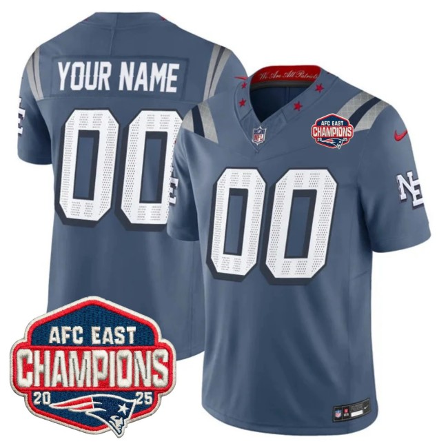 New England Patriots Custom Storm Blue Rivalries F.U.S.E. 2025 AFC East Division Champions Vapor Limited Stitched Jersey