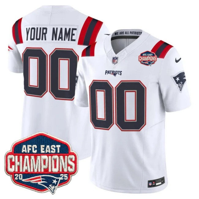 New England Patriots Custom White F.U.S.E. 2025 AFC East Division Champions Vapor Limited Stitched Jersey