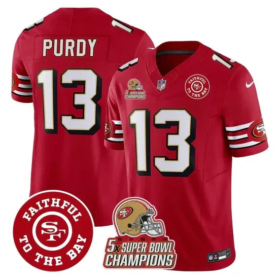 Men's San Francisco 49ers #13 Brock Purdy Red F.U.S.E. Throwback 5X Super Bowl Champions & Faithful To The Bay Patch Vapor Limited Stitched Jersey
