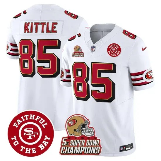 Men's San Francisco 49ers #85 George Kittle White F.U.S.E. Throwback 5X Super Bowl Champions & Faithful To The Bay Patch Vapor Limited Stitched Jersey