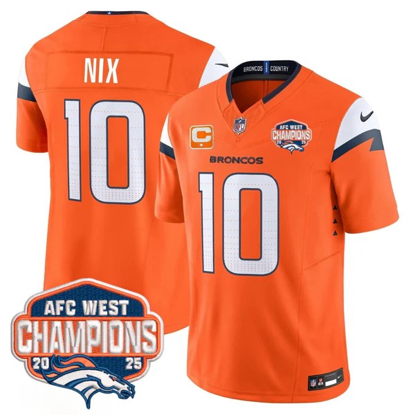 Men's Denver Broncos #10 Bo Nix Orange F.U.S.E. 2025 AFC West Division Champions Vapor Limited Stitched Jersey