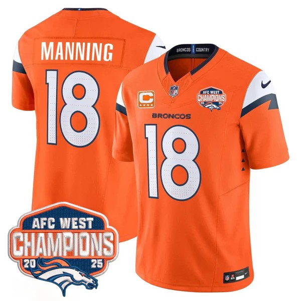 Men's Denver Broncos #18 Peyton Manning Orange F.U.S.E. 2025 AFC West Division Champions Vapor Limited Stitched Jersey