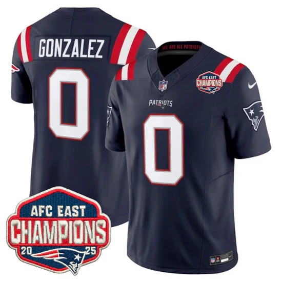 Men's New England Patriots #0 Christian Gonzalez Navy F.U.S.E. 2025 AFC East Division Champions Vapor Limited Stitched Jersey
