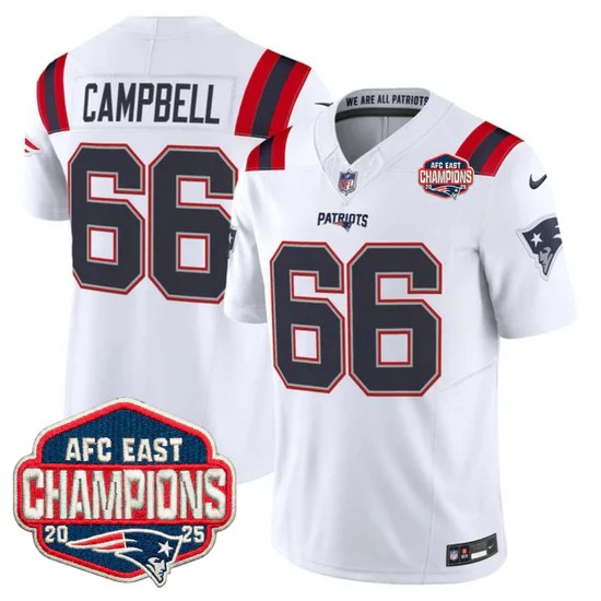 Men's New England Patriots #66 Will Campbell White F.U.S.E. 2025 AFC East Division Champions Vapor Limited Stitched Jersey