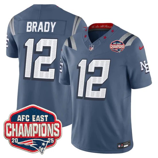 Men's New England Patriots #12 Tom Brady Storm Blue Rivalries F.U.S.E. 2025 AFC East Division Champions Vapor Limited Stitched Jersey