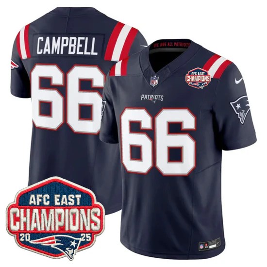 Men's New England Patriots #66 Will Campbell Navy F.U.S.E. 2025 AFC East Division Champions Vapor Limited Stitched Jersey