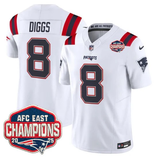 Men's New England Patriots #8 Stefon Diggs White F.U.S.E. 2025 AFC East Division Champions Vapor Limited Stitched Jersey