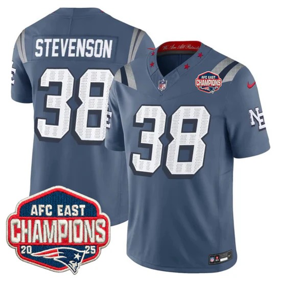 Men's New England Patriots #38 Rhamondre Stevenson Storm Blue Rivalries F.U.S.E. 2025 AFC East Division Champions Vapor Limited Stitched Jersey