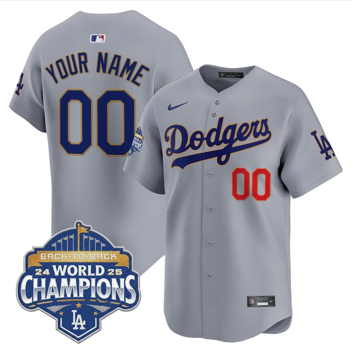 Men's Los Angeles Dodgers Custom Grey Back to Back 24 25 World Champions Limited Stitched Jersey