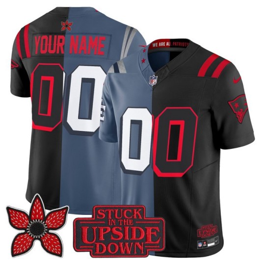 Men's New England Patriots Custom Split Storm Blue Black 'Upside Down Edition' F.U.S.E. Vapor Limited Stitched Jersey