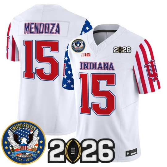 Men's Indiana Hoosiers #15 Fernando Mendoza White America250 Edition 2026 CFP Final Patch F.U.S.E. Vapor Limited Stitched Jersey