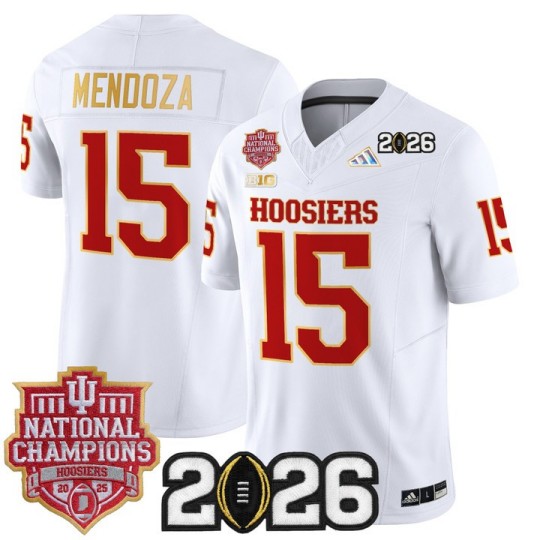 Men's Indiana Hoosiers #15 Fernando Mendoza White Gold Trim 2025 National Champions & 2026 CFP Final Patch F.U.S.E. F.U.S.E. Vapor Limited Stitched Jersey