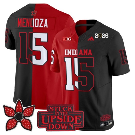 Men's Indiana Hoosiers #15 Fernando Mendoza Split Crimson Black 'Upside Down Edition' F.U.S.E. Vapor Limited Stitched Jersey