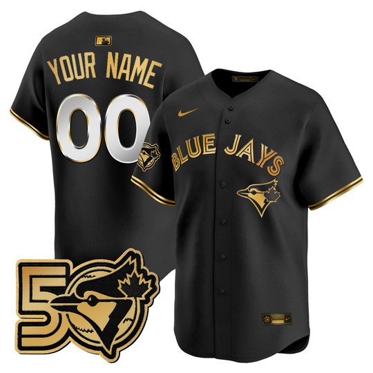 Men's Toronto Blue Jays Custom Black Gold 50 Seasons Patch Vapor Limited Limited Stitched Jersey