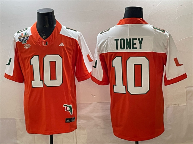 Men's Miami Hurricanes #10 Malachi Toney Orange Alternate F.U.S.E. Fiesta Bowl Champions & Florida Patch Stitched Football Jersey
