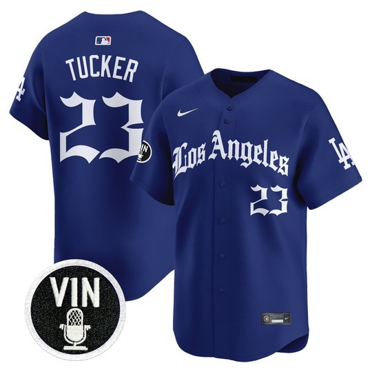 Men's Los Angeles Dodgers #23 Kyle Tucker Royal 'LA Gothic Style' Limited Stitched Baseball Jersey