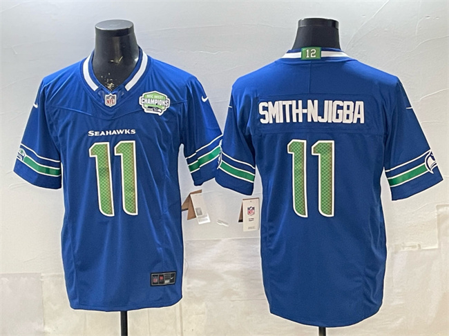 Men's Seattle Seahawks #11 Jaxon Smith-Njigba Royal F.U.S.E. 2025 NFC West Champions Patch Limited Stitched Football Jersey