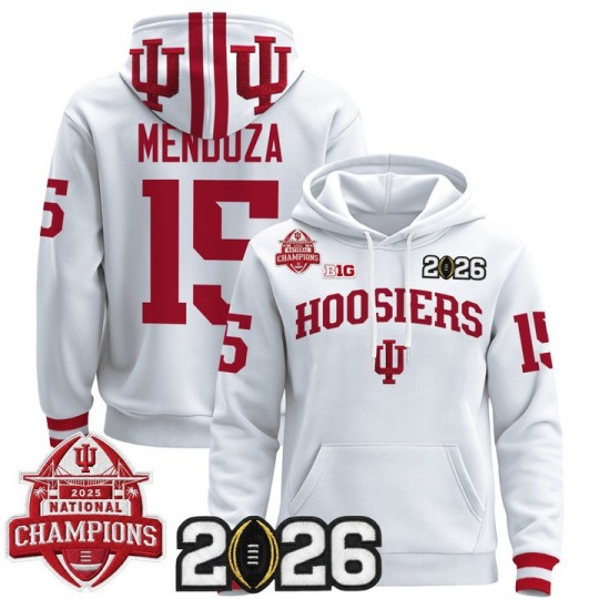 Men's Indiana Hoosiers #15 Fernando Mendoza White 2025 National Champions & 2026 CFP Final Patch Premium V2 Stitched Pullover Hoodie