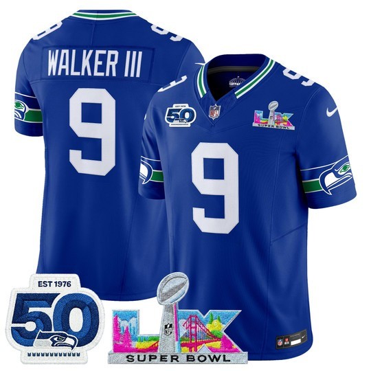 Men's Seattle Seahawks #9 Kenneth Walker III Royal 2025 F.U.S.E. Super Bowl LX Patch And 50th Season Patch Vapor Limited Stitched Football Jersey