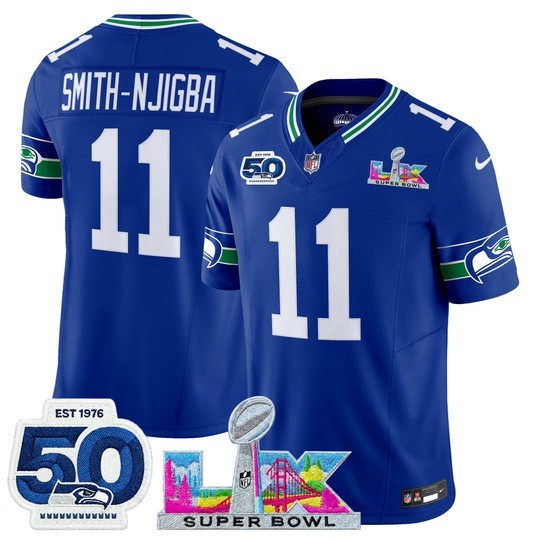 Men's Seattle Seahawks #11 Jaxon Smith-Njigba Royal 2025 F.U.S.E. Super Bowl LX Patch And 50th Season Patch Vapor Limited Stitched Football Jersey