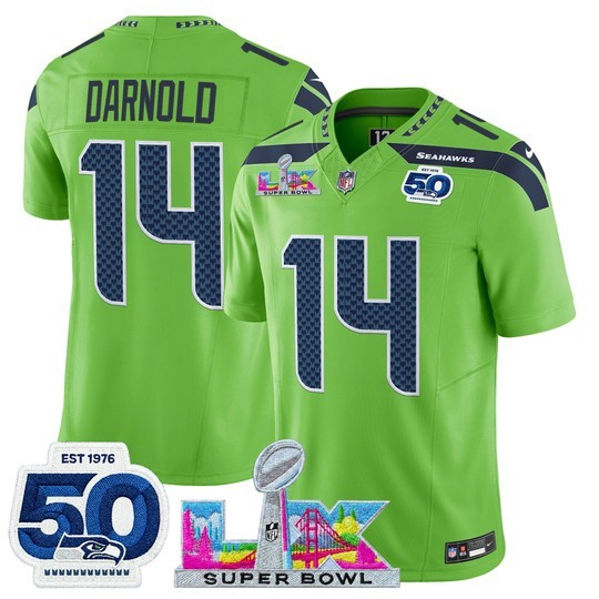 Men's Seattle Seahawks #14 Sam Darnold Green 2025 F.U.S.E. Super Bowl LX Patch And 50th Season Patch Vapor Limited Stitched Football Jersey