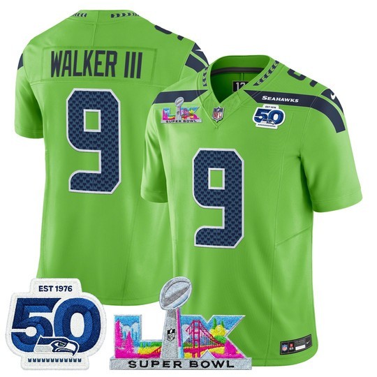 Men's Seattle Seahawks #9 Kenneth Walker III Green 2025 F.U.S.E. Super Bowl LX Patch And 50th Season Patch Vapor Limited Stitched Football Jersey