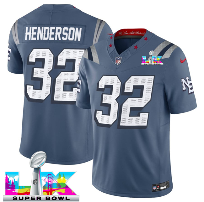 Men's New England Patriots #32 TreVeyon Henderson Storm Blue 2025 F.U.S.E. Super Bowl LX Patch “Rivalries” Vapor Limited Stitched Football Jersey