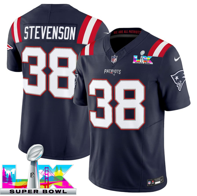 Men's New England Patriots #38 Rhamondre Stevenson Navy 2025 F.U.S.E. Super Bowl LX Patch Vapor Limited Stitched Football Jersey