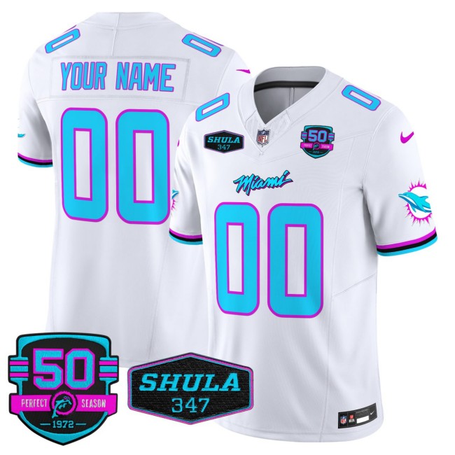 Men's Miami Dolphins Custom White F.U.S.E. 50th 1972 Perfect Season & 347 Shula Patch Vapor Limited Stitched Jersey