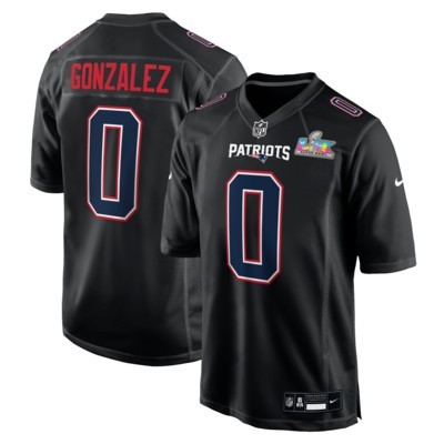 Men's New England Patriots #0 Christian Gonzalez Black Nike Super Bowl LX Patch Carbon Fashion Game Stitched Jersey