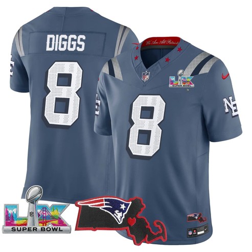 Men's New England Patriots #8 Stefon Diggs Storm Blue Rivalries Super Bowl LX & State Patch F.U.S.E. Vapor Limited Stitched Jersey