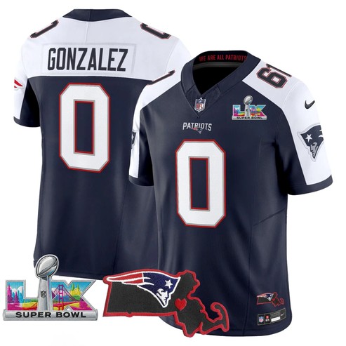Men's New England Patriots #0 Christian Gonzalez Navy White Super Bowl LX & State Patch F.U.S.E. Vapor Limited Stitched Jersey