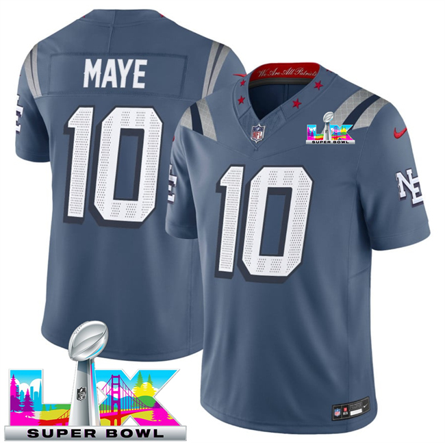 Youth New England Patriots #10 Drake Maye Storm Blue 2025 F.U.S.E. Super Bowl LX Patch “Rivalries” Vapor Limited Stitched Football Jersey