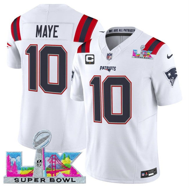 Men's New England Patriots #10 Drake Maye White 2026 F.U.S.E. Super Bowl LX Patch And 1-Star C Patch Vapor Limited Stitched Football Jersey