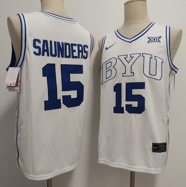Men's BYU Cougars #15 Richie Saunders White 2025 Stitched Basketball Jersey