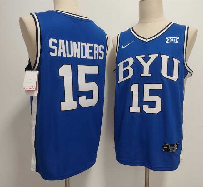 Men's BYU Cougars #15 Richie Saunders Blue 2025 Stitched Basketball Jersey