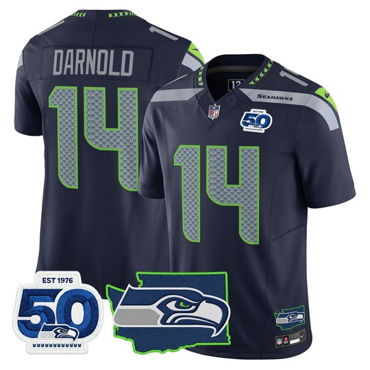 Men's Seattle Seahawks #14 Sam Darnold College Navy F.U.S.E. 50th Anniversary & State Team Patch Vapor Limited Stitched Jersey